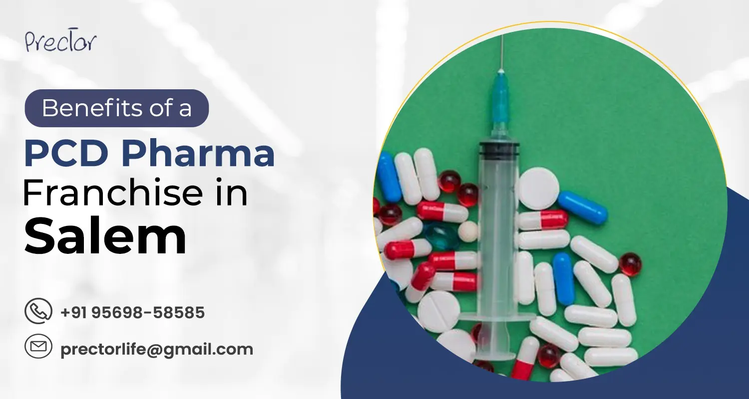 Syringe placed among capsules and tablets on a green background, showcasing the benefits of starting a PCD pharma franchise in Salem, with contact details for Prector LifeSciences.