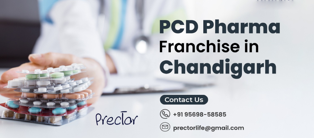 Doctor holding medicine blister packs with text "PCD Pharma Franchise in Chandigarh" and Prector contact details displayed